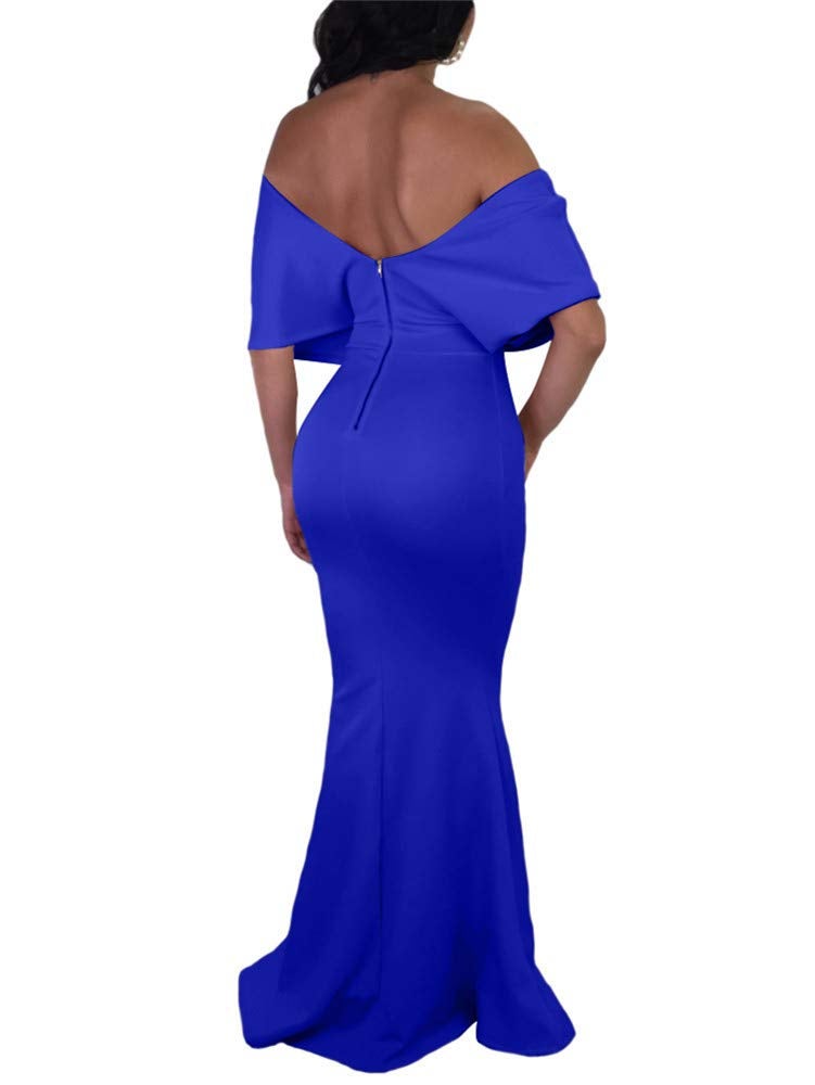GOBLES Women Sexy V Neck Off The Shoulder Evening Gown Fishtail Maxi Dress (XL, Royal Blue) - Image 2